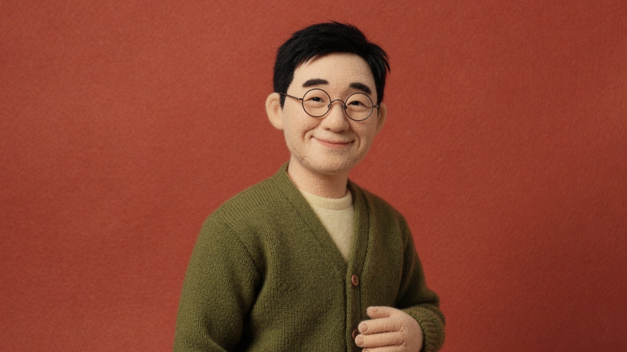 테라코타 바탕 앞 안경과 초록 가디건을 입은 펠트 인물