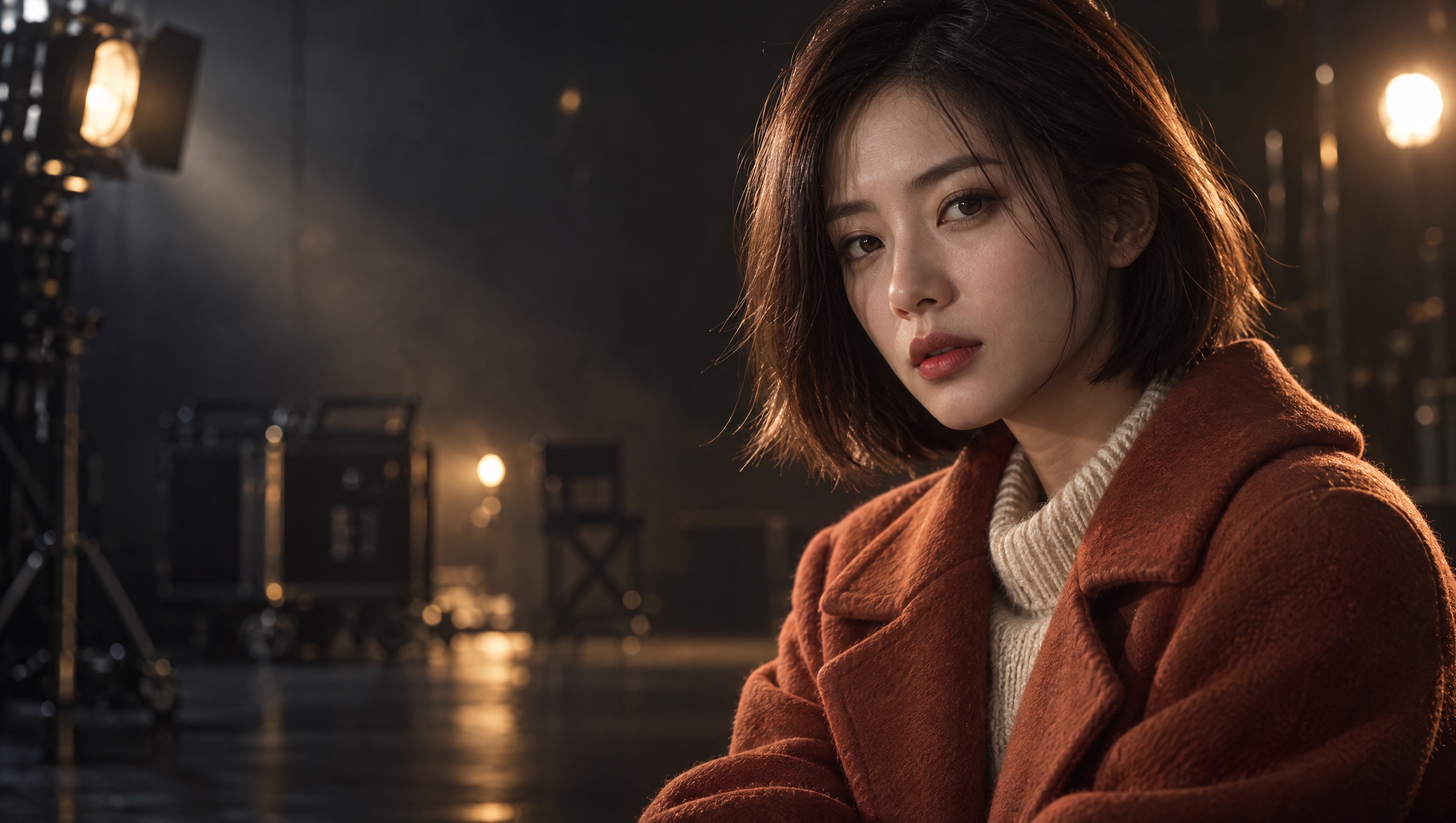 어두운 스튜디오 오른쪽, 테라코타 코트를 입은 인물